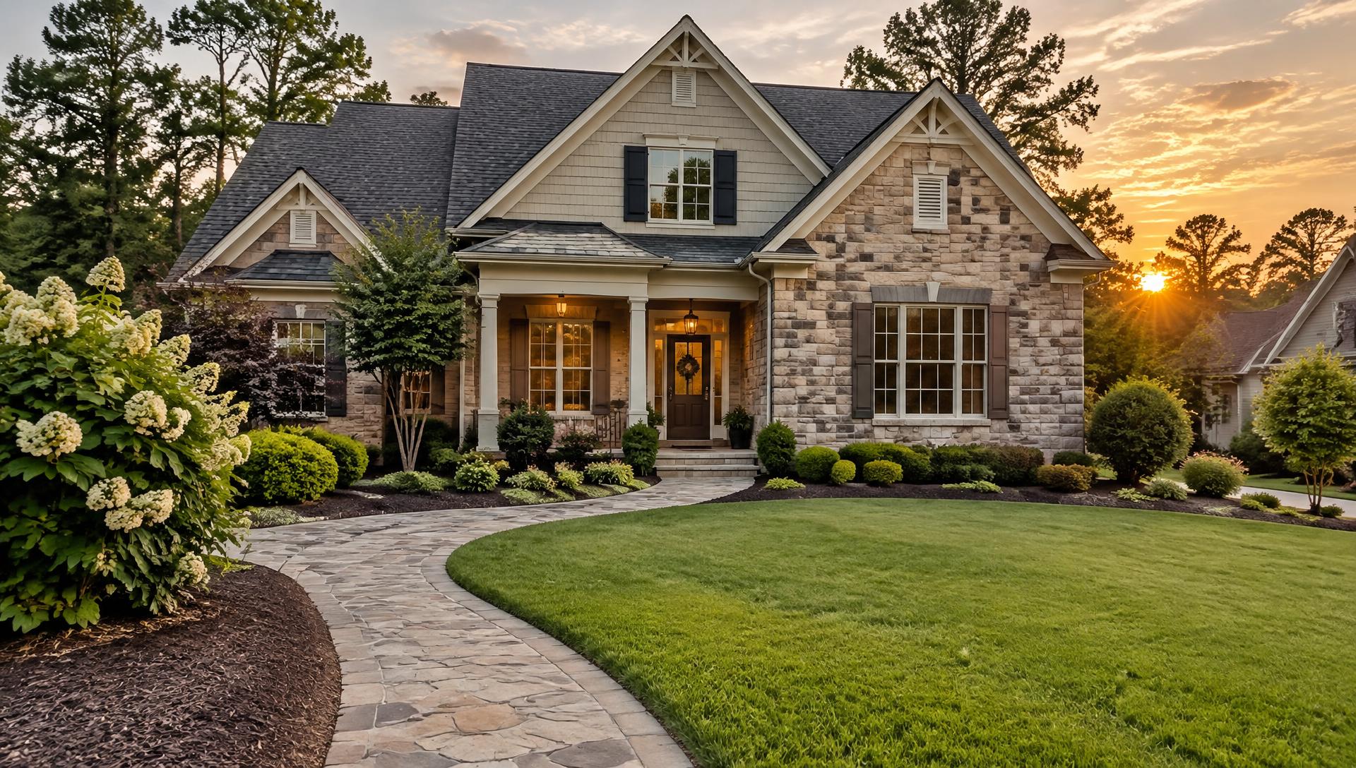Professionally landscaped front yard with manicured lawn and stone walkway